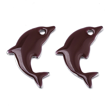201 Stainless Steel Enamel Pendants, Dolphin, Stainless Steel Color, Coconut Brown, 17x11.5x1.5mm, Hole: 1.2mm