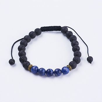 Adjustable Nylon Cord Braided Bead Bracelets, with Lava Rock, Sodalite Beads & Alloy Findings, 2-1/8 inch(54mm)