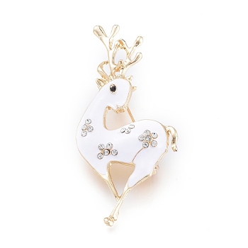 Golden Plated Alloy Brooches, with Rhinestone and Enamel, Deer, for Christmas, White, 56.5x28.5x11.5mm, Pin: 0.8mm