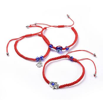 Adjustable Nylon Thread Braided Bead Bracelets Sets, with Handmade Lampwork Evil Eye Beads, Tibetan Style Alloy Bead Frames and 304 Stainless Steel Charms, Hamsa Hand/Hand of Fatima/Hand of Miriam, Red, 1-5/8 inch~3-1/2 inch(4.3~8.8cm), 3~4mm, 3pcs/set