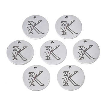 304 Stainless Steel Charms, Laser Cut, Designed Letter Engraved, Flat Round, Stainless Steel Color, Letter.K, 14x1mm, Hole: 1.2mm