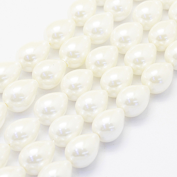 Shell Pearl Beads Strands, teardrop, Creamy White, 18x13mm, Hole: 1mm, about 23pcs/strand, 15.7 inch(40cm)
