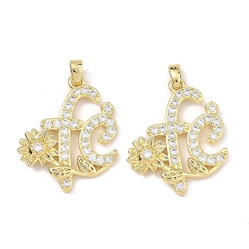 Brass Micro Pave Clear Cubic Zirconia Pendants, Word Fe with Flower Charms, Real 18K Gold Plated, 27x22x3mm, Hole: 3.5x2mm