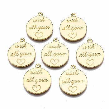 Brass Micro Pave Clear Cubic Zirconia Pendants, for Valentine's Day, Nickel Free, Flat Round with Word With All Your and Heart, Real 18K Gold Plated, 22x19x1.5mm, Hole: 1.4mm