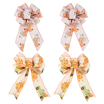 CHGCRAFT 4Pcs 2 Style Pumpkin Pattern Polyester Bowknot Display Decoration, with Twist Tie, Thanksgiving Day Theme, Mixed Color, 310x230x18.5mm and 345x210x24mm, 2pcs/style
