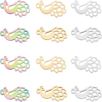 Unicraftale 24Pcs 3 Colors Ion Plating(IP) 201 Stainless Steel Pendants, Peacock, Laser Cut, Mixed Color, 18.5x8.5x1mm, Hole: 1.5mm, 8pcs/color