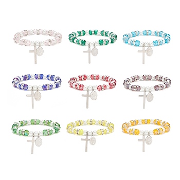 9Pcs 9 Color Glass & Imitation Pearl Beaded Stretch Bracelets Set, 201 Stainless Steel Cross & 304 Stainless Steel Virgin Mary Charms Stackable Bracelets for Women, Mixed Color, Inner Diameter: 2-1/8 inch(5.5cm), 1Pc/color