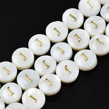 Natural Freshwater Shell Beads, with Enamel, Horizontal Hole, Flat Round with Alphabet, Letter.J, 8x3.5~4.5mm, Hole: 0.5mm, about 40pcs/strand, 12.20~12.60inch(31~32cm)