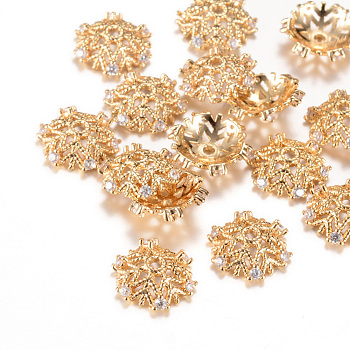 Brass Bead Caps, with Rhinestone, Flower, Light Gold, Crystal, 12.5x3mm, Hole: 1mm