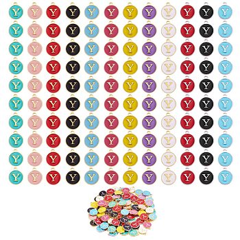 120Pcs 12 Colors Golden Plated Alloy Charms, with Enamel, Enamelled Sequins, Flat Round with Letter, Letter.Y, 14x12x2mm, Hole: 1.5mm, 10pcs/color