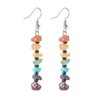 Natural & Synthetic Mixed Gemstone Chip Beaded Dangle Earrings with Glass, 7 Chakra Brass Long Drop Earrings for Women, 60x19mm, Pin: 0.8mm