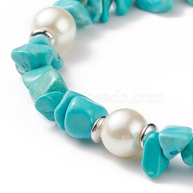 Synthetic Turquoise(Dyed) Chips & Imitation Pearl Beaded Bracelet with Alloy Turtle Charm(BJEW-TA00145)-4