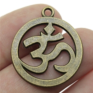 Chakra Theme Tibetan Style Alloy Pendants, Flat Round with Ohm/Aum, Antique Bronze, 25mm(CHAK-PW0001-032AB)