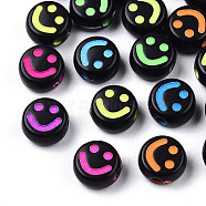 Opaque Craft Acrylic Beads, Flat Round with Smiling Face, Mixed Color, 7x4mm, Hole: 1.6mm, about 383pcs/50g(X-MACR-T009-14)