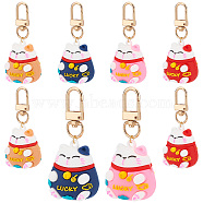 Elite 2Set PVC Cartoon Lucky Cat Doll Pendants Keychains, with Alloy Swivel Clasps and 304 Stainless Steel Open Jump Rings, Light Gold, 7.1cm, 4pcs/set(HJEW-PH0001-49)