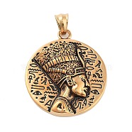 Titanium Steel Pendants, Flat Round with Queen Nefertiti Charm, Antique Golden, 42x36x8mm, Hole: 7x5mm(STAS-S143-05B)