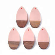 Resin & Walnut Wood Pendants, teardrop, Pink, 31x16x3.5~4mm, Hole: 1.5mm(RESI-S358-16B)