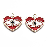 Brass Micro Pave Clear Cubic Zirconia Pendants, with Enamel and Jump Ring, Nickel Free, Real 18K Gold Plated, Heart with Eye, Red, 21x24x2mm, Jump Ring: 4.8x0.7mm, 3.4mm inner diameter(KK-S356-422-NF)