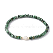 Natural African Jade Rondelle & Pearl Beaded Stretch Bracelets, Inner Diameter: 2-1/4 inch(5.8cm)(BJEW-JB09918-03)
