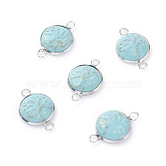 Synthetic Turquoise Links connectors, with Platinum Tone Brass Cabochon Connector Settings, Flat Round with Tree, 23~24x15~16x5~6mm, Hole: 2.5mm(G-G807-F05)