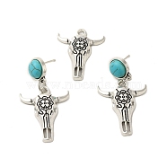 Synthetic Turquoise & Cattle Alloy Pendant Studs Earrings Sets, 316 Steel Needle Jewely for Women, Antique Silver, 49x26mm(SJEW-K002-04)