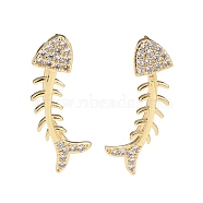 Cubic Zirconia Fishbone Dangle Earrings, Real 18K Gold Plated Brass Jewelry for Women, Lead Free & Cadmium Free, Clear, 32x11mm, Pin: 1mm(EJEW-A069-09G)