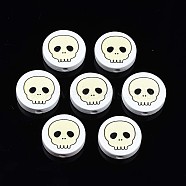 Halloween Printed Natural Wood Beads, Flat Round with Skull Pattern, Light Yellow, 19~20x5.9mm, Hole: 2~2.2mm(WOOD-T021-97)