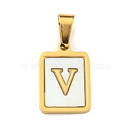 PVD Vacuum Plating 304 Stainless Steel Pave Natural White Shell Pendants, Rectangle with Letter Charms, Golden, Letter V, 17.5x12x1.5mm, Hole: 6x3mm(STAS-S130-03G-V)