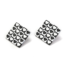 Resin Stud Earrings, with 925 Sterling Silver Pins, Rhombus, Platinum, Heart Pattern, 41x41mm, Pin: 0.6mm, Side Length: 30mm (EJEW-I257-01F)