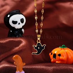 Halloween Stainless Steel Enamel Pendant Necklaces, with Golden Plated Dapped Chains for Unisex, Ghost, Black, 15.75 inch(40cm)(VV4632)