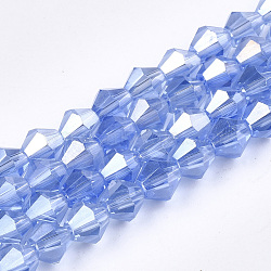 Electroplate Glass Beads Strands, AB Color Plated, Faceted, Bicone, Cornflower Blue, 6x5.5~6mm, Hole: 1mm, about 47~48pcs/strand, 10.83 inch(27.5cm)(EGLA-Q118-6mm-B04)