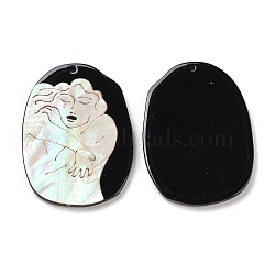 Opaque Hugging Human Pattern Acrylic Pendants, with Shell, Black, Oval, 39.5x28.5x2.4mm, Hole: 1.4mm(BACR-D001-01H)