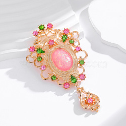 Baroque Flower Fern Green & Rose Rhinestone Brooch Pin, Alloy Badge for Backpack Clothes, Light Gold, 110x58mm(JEWB-Z031-12KCG)