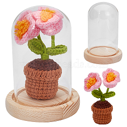 WADORN 1 Set Glass Cloche Bell Jar Terrarium with 1Pc Handmade Knitting Crochet Artificial Lily of the Valley Potted, for Home Table Car Decor, Pink, 41x44x120mm(DJEW-WR0001-01B)
