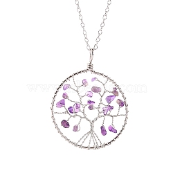 Natural Rose Quartz Chips Beaded Tree of Life Pendant Necklaces, with Platinum Alloy Chains, 19.69 inch(50cm)(PW-WG63202-03)