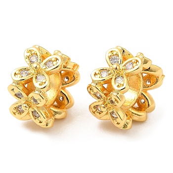 Brass Micro Pave Cubic Zirconia European Beads, Large Hole Beads, Flower, Real 18K Gold Plated, 10x6mm, Hole: 4mm