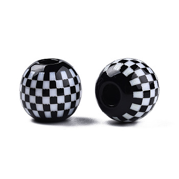 Opaque Resin European Beads, Large Hole Beads, Round with Tartan Pattern, Black, 19.5x18mm, Hole: 6mm