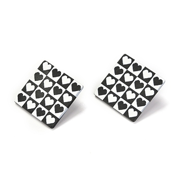 Resin Stud Earrings, with 925 Sterling Silver Pins, Rhombus, Platinum, Heart Pattern, 41x41mm, Pin: 0.6mm, Side Length: 30mm 