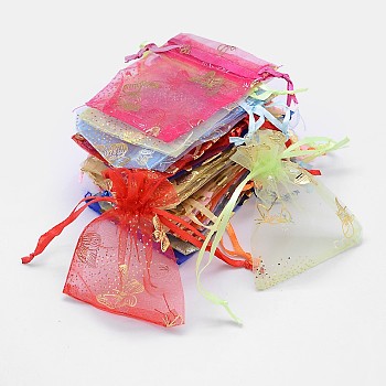 Gold Stamping Butterfly Rectangle Organza Gift Bags, Jewelry Packing Drawable Pouches, Mixed Color, 9x7cm