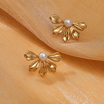 304 Stainless Steel ABS pearl Stud Earrings, White, Flower, 14x22mm