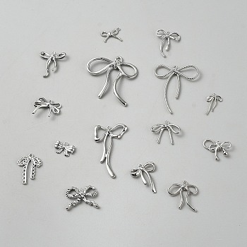 Tibetan Style Alloy Pendants, Bowknot Charms, Antique Silver, 11~46.5x12~42.5x2~6.5mm, Hole: 1.2~3mm, 15pcs/set