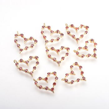 Brass Cubic Zirconia Charms, Heart, Golden, Red, 13.5x15x3mm, Hole: 1mm