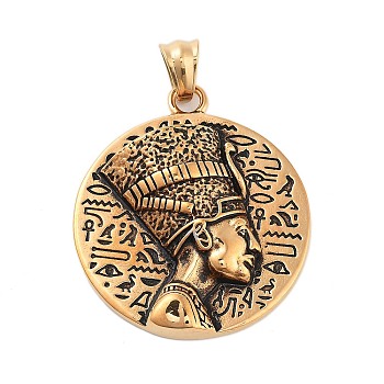 Titanium Steel Pendants, Flat Round with Queen Nefertiti Charm, Antique Golden, 42x36x8mm, Hole: 7x5mm