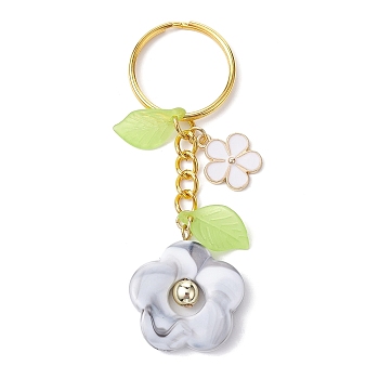 Flower Acrylic Imitation Gemstone Pendant Keychain, with Alloy Enamel Charm and Iron Split Key Rings, White, 8cm
