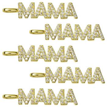 5Pcs Brass Micro Pave Clear Cubic Zirconia Pendants, Long-Lasting Plated, for Mother's Day, Word Mama Charms, Golden, 30x7x1.7mm, Hole: 4.5x3mm