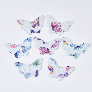 PU Leather Pendants, with Double Sided Glitter Powder, Butterfly, Light Cyan, 32.5x48x1.5~2mm, Hole: 2.5mm