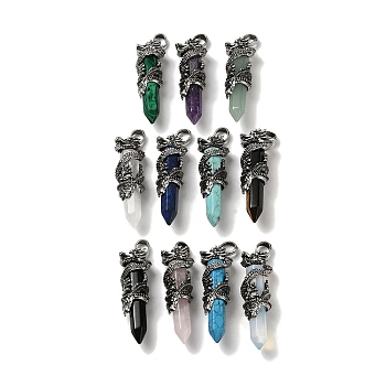 Natural & Synthetic Mixed Stone Pointed Big Pendants, Faceted Bullet Charms with Rack Plating Antique Silver Plated Alloy Gragon, Cadmium Free & Lead Free, Mixed Dyed and Undyed, 63~64x19~20x15.5mm, Hole: 7.5x6.5mm