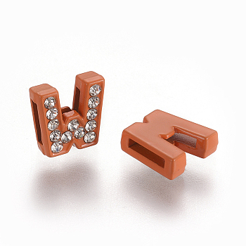 Rhinestone Slide Letter Charms, Alloy Letter Beads,  Letter W for DIY Bracelet Making, Orange, about 12mm wide, 12mm long, 4.5mm thick, hole: 7x1mm