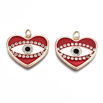Brass Micro Pave Clear Cubic Zirconia Pendants, with Enamel and Jump Ring, Nickel Free, Real 18K Gold Plated, Heart with Eye, Red, 21x24x2mm, Jump Ring: 4.8x0.7mm, 3.4mm inner diameter