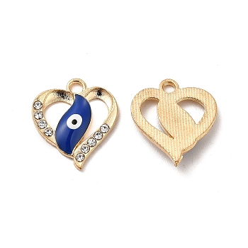 Alloy Enamel Pendants, with Crystal Rhinestone, Heart with Evil Eye Charm, Light Gold, 18x15.5x2.5mm, Hole: 2mm